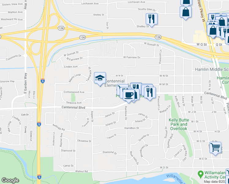 map of restaurants, bars, coffee shops, grocery stores, and more near 980 West L Street in Springfield