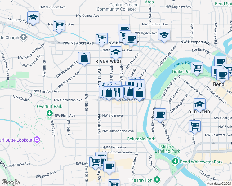 map of restaurants, bars, coffee shops, grocery stores, and more near 1235 Northwest Hartford Avenue in Bend