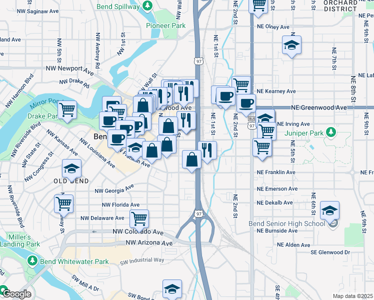 map of restaurants, bars, coffee shops, grocery stores, and more near 42 Northwest Hawthorne Avenue in Bend