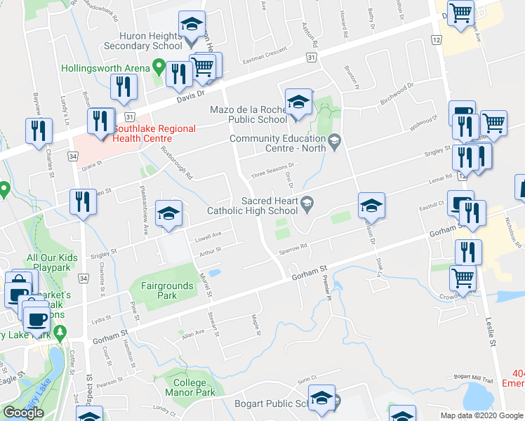 map of restaurants, bars, coffee shops, grocery stores, and more near 810 Srigley Street in Newmarket