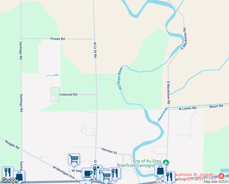 map of restaurants, bars, coffee shops, grocery stores, and more near 909 North Court Street in Au Gres