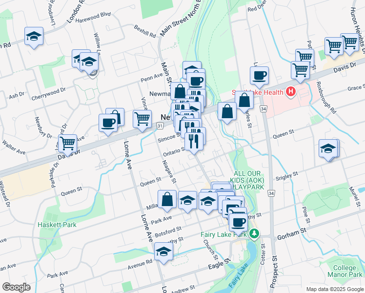 map of restaurants, bars, coffee shops, grocery stores, and more near 419 Ontario Street in Newmarket