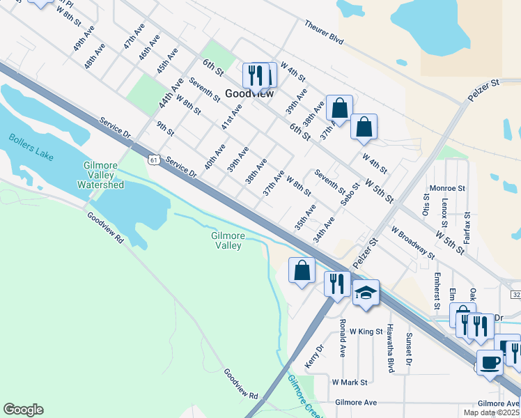 map of restaurants, bars, coffee shops, grocery stores, and more near 3710 9th Street in Goodview