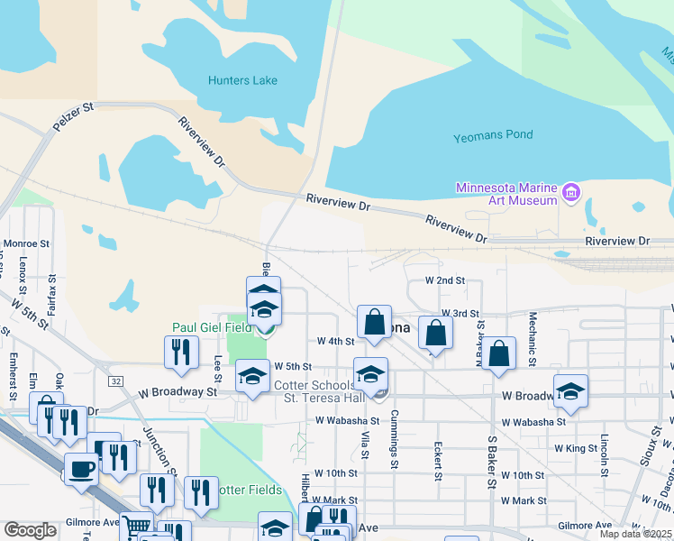 map of restaurants, bars, coffee shops, grocery stores, and more near 75 Gould Street in Winona
