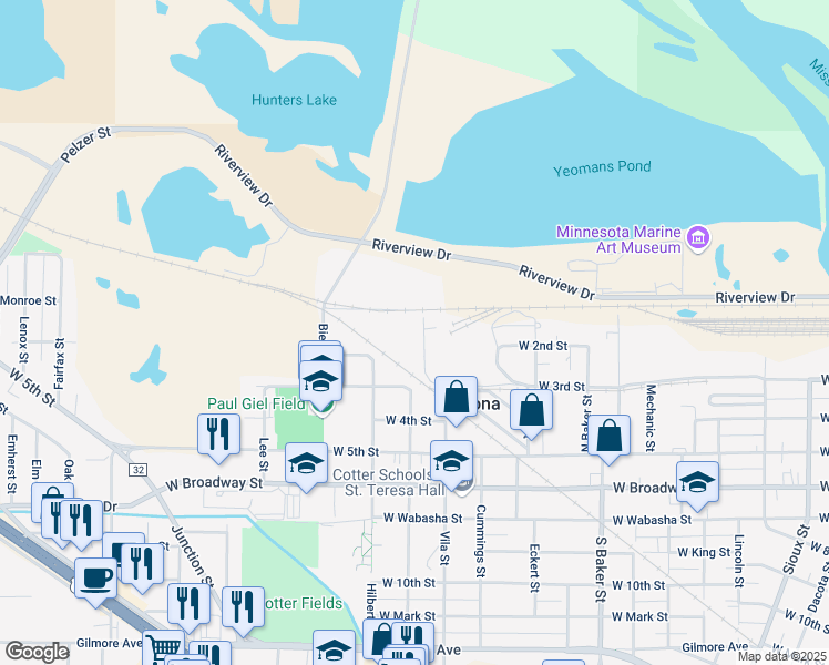 map of restaurants, bars, coffee shops, grocery stores, and more near 75 Gould Street in Winona