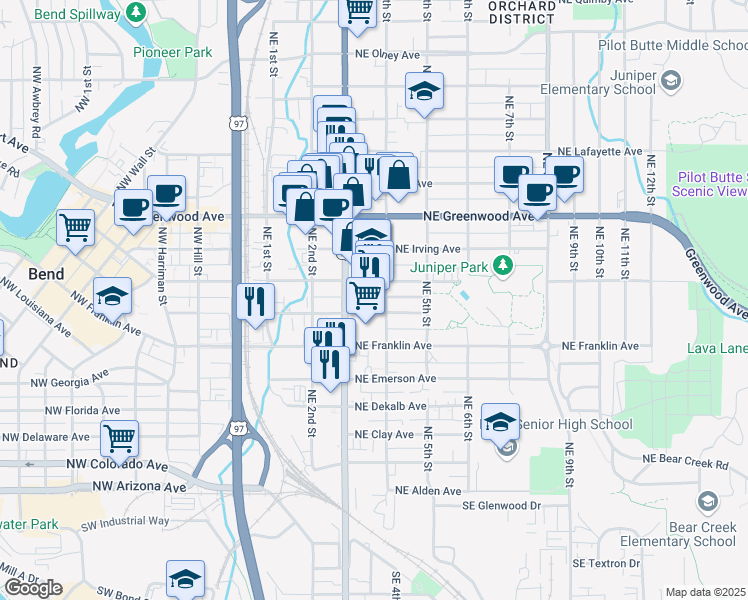 map of restaurants, bars, coffee shops, grocery stores, and more near 740 Northeast 3rd Street in Bend