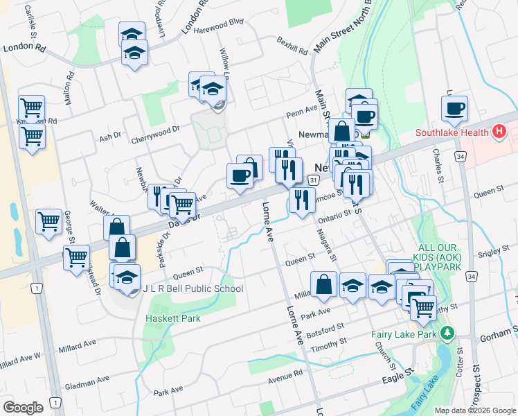map of restaurants, bars, coffee shops, grocery stores, and more near 26 Lorne Avenue in Newmarket