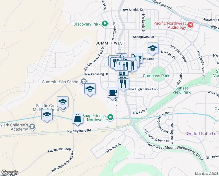 map of restaurants, bars, coffee shops, grocery stores, and more near 750 Northwest Charbonneau Street in Bend