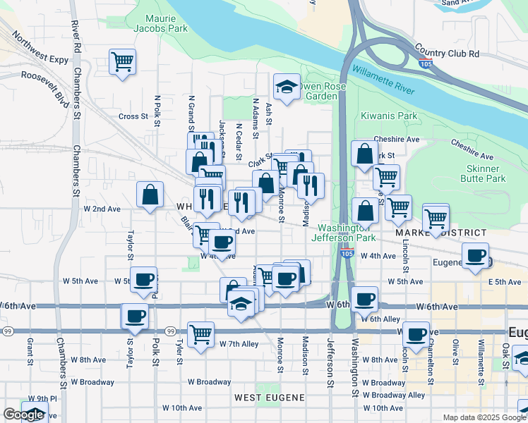 map of restaurants, bars, coffee shops, grocery stores, and more near 940 West 1st Avenue in Eugene