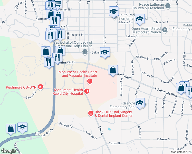 map of restaurants, bars, coffee shops, grocery stores, and more near 353 Fairmont Boulevard in Rapid City