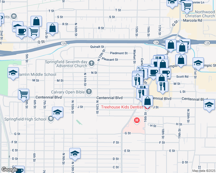map of restaurants, bars, coffee shops, grocery stores, and more near 1269 M Street in Springfield