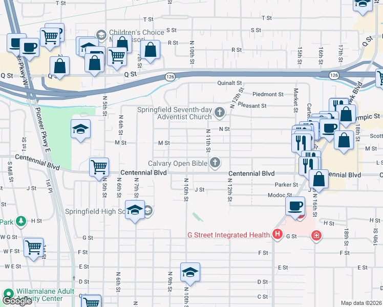 map of restaurants, bars, coffee shops, grocery stores, and more near 1035 M Street in Springfield
