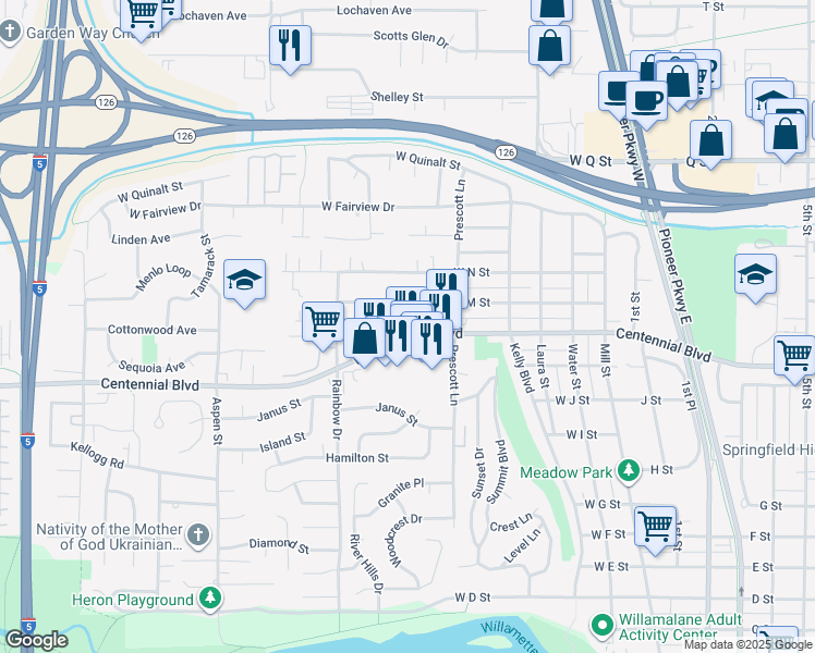 map of restaurants, bars, coffee shops, grocery stores, and more near 621 West M Street in Springfield
