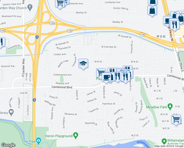 map of restaurants, bars, coffee shops, grocery stores, and more near 1018 West L Street in Springfield