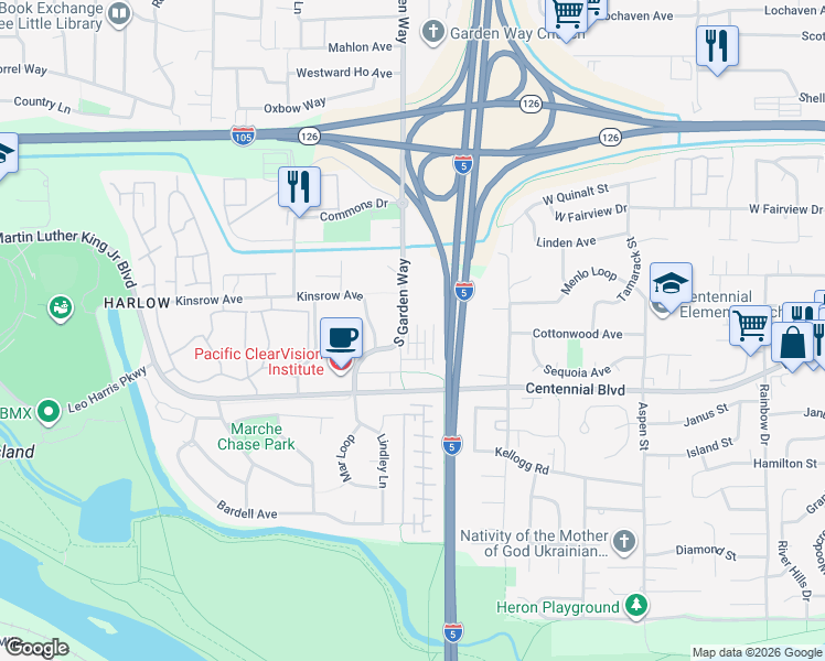 map of restaurants, bars, coffee shops, grocery stores, and more near 301 South Garden Way in Eugene