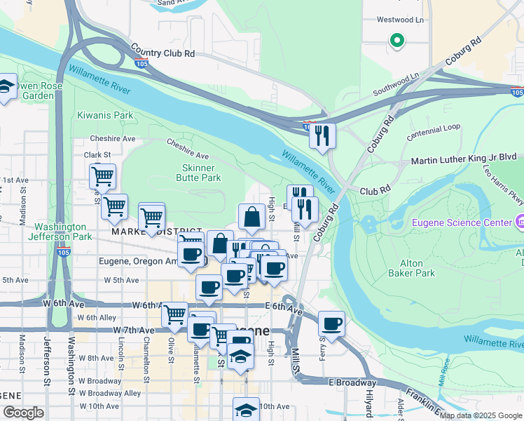 map of restaurants, bars, coffee shops, grocery stores, and more near 118 High Street in Eugene