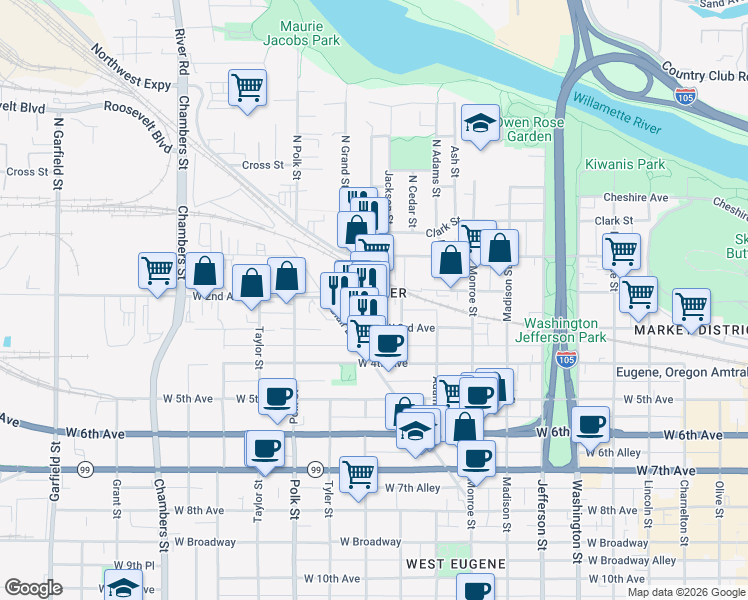 map of restaurants, bars, coffee shops, grocery stores, and more near in Eugene