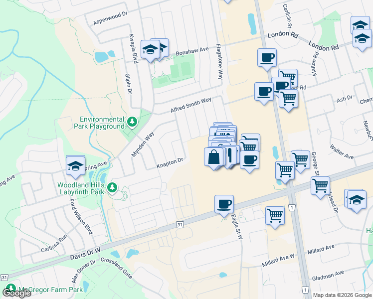 map of restaurants, bars, coffee shops, grocery stores, and more near 193 Knapton Drive in Newmarket