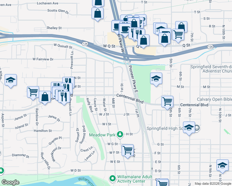 map of restaurants, bars, coffee shops, grocery stores, and more near 108 Centennial Boulevard in Springfield