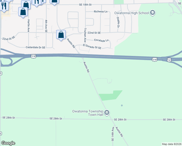 map of restaurants, bars, coffee shops, grocery stores, and more near 2381 Austin Road in Owatonna