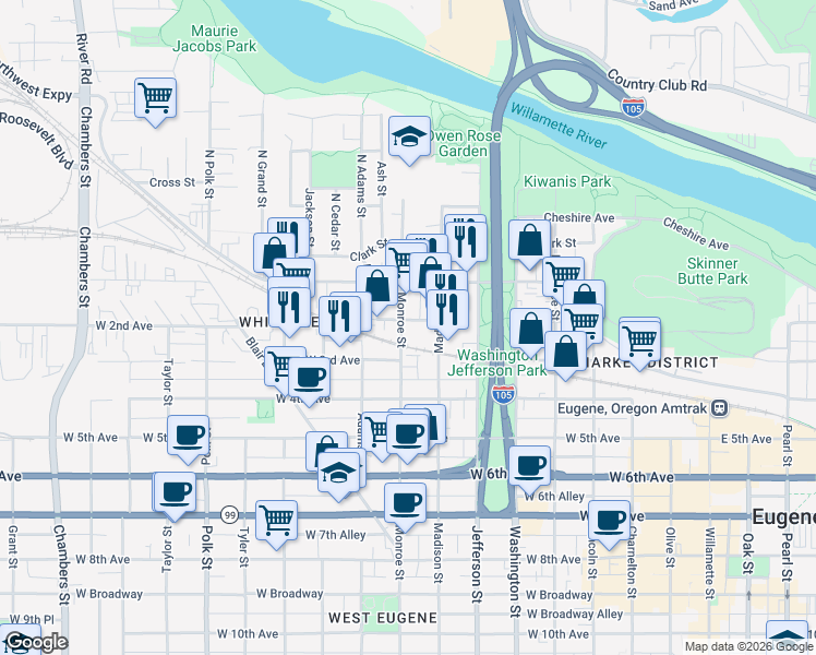 map of restaurants, bars, coffee shops, grocery stores, and more near 170 Monroe Street in Eugene