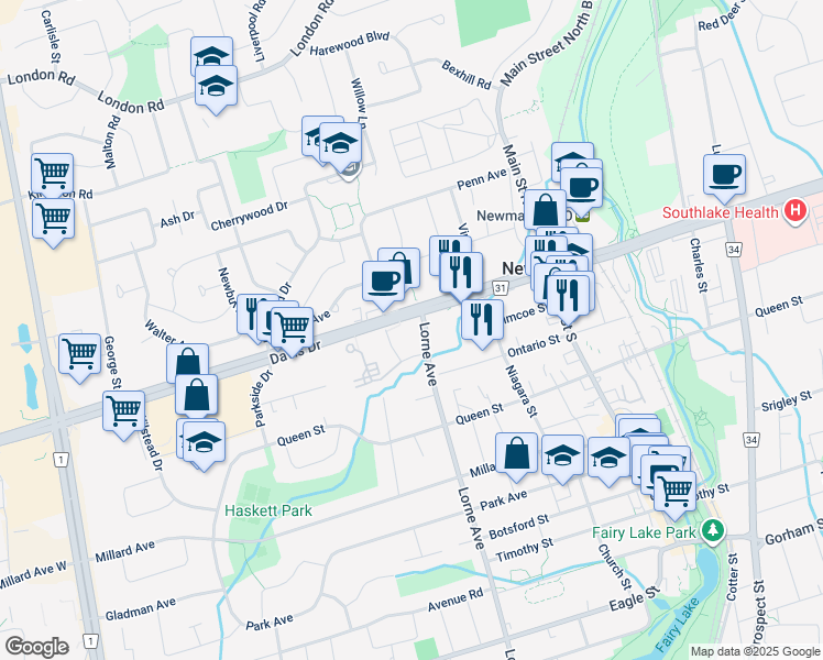 map of restaurants, bars, coffee shops, grocery stores, and more near 26 Lorne Avenue in Newmarket
