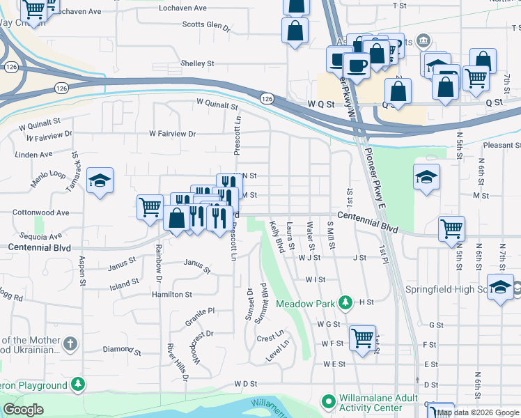 map of restaurants, bars, coffee shops, grocery stores, and more near 1344 Kelly Boulevard in Springfield