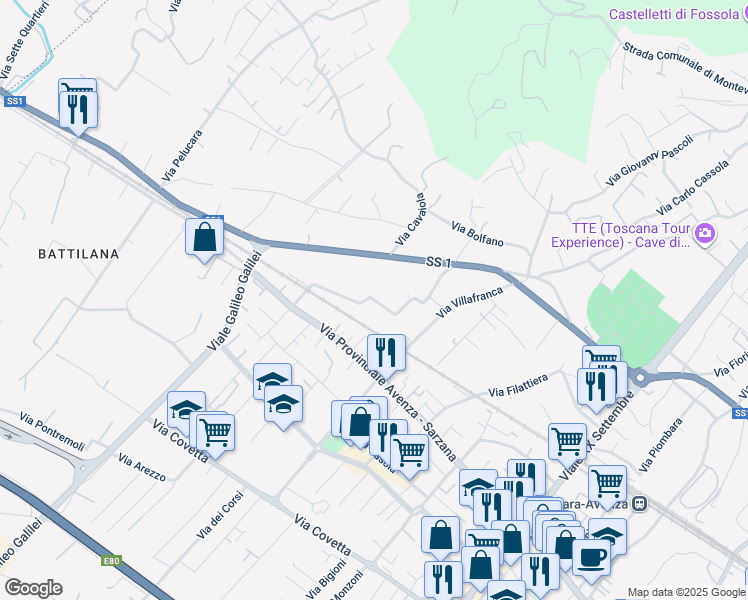 map of restaurants, bars, coffee shops, grocery stores, and more near 32 Strada Vicinale Bolfano in Carrara