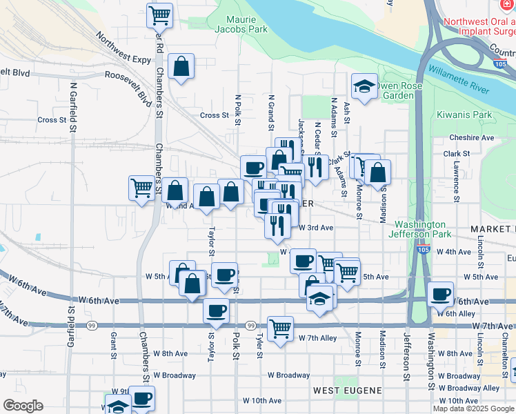 map of restaurants, bars, coffee shops, grocery stores, and more near 135 Blair Boulevard in Eugene