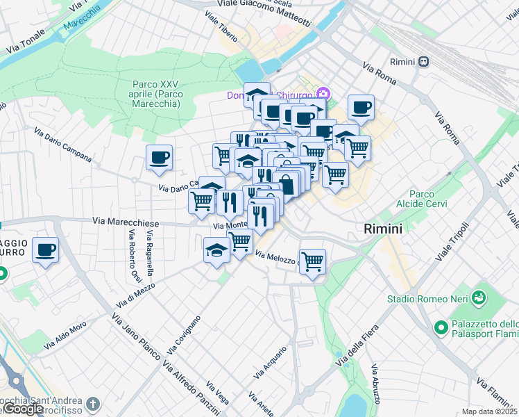 map of restaurants, bars, coffee shops, grocery stores, and more near 32-36 Via Circonvallazione Occidentale in Rimini