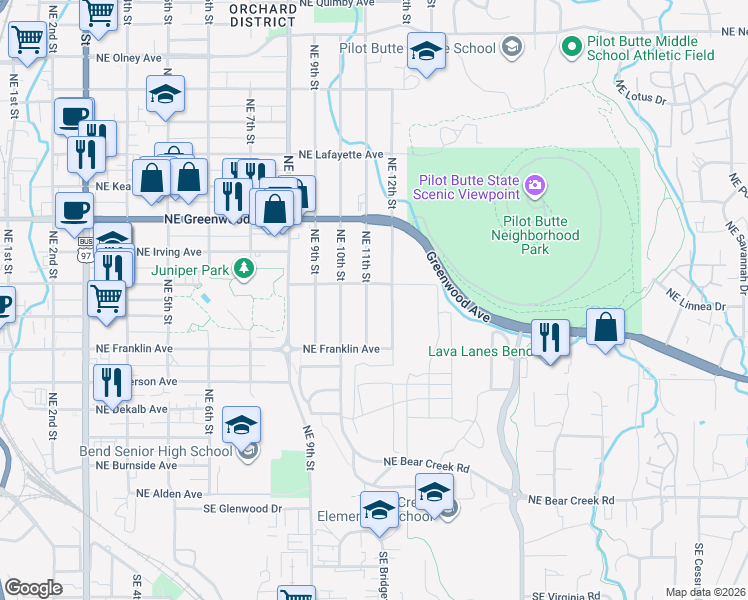 map of restaurants, bars, coffee shops, grocery stores, and more near 806 Northeast 11th Street in Bend