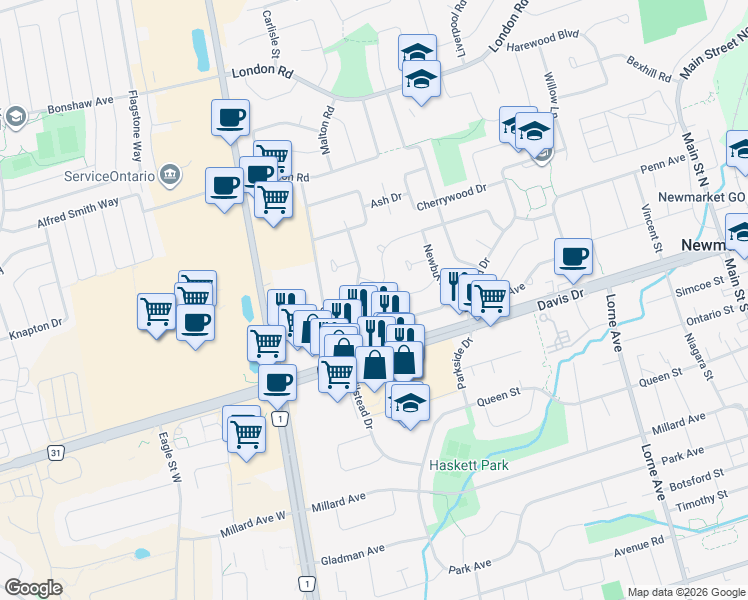map of restaurants, bars, coffee shops, grocery stores, and more near 66 Walter Avenue in Newmarket