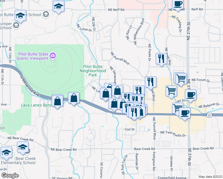 map of restaurants, bars, coffee shops, grocery stores, and more near 2104 Northeast Linnea Drive in Bend
