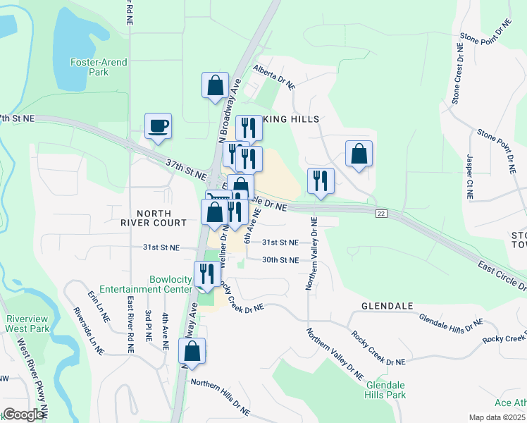 map of restaurants, bars, coffee shops, grocery stores, and more near 3456 East Circle Drive Northeast in Rochester