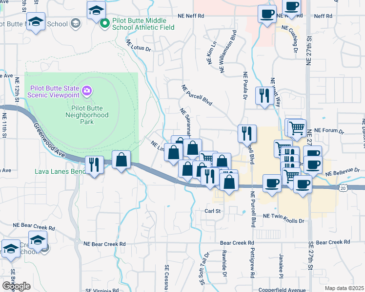 map of restaurants, bars, coffee shops, grocery stores, and more near 2020 Northeast Linnea Drive in Bend