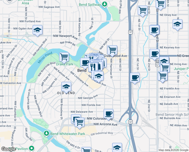 map of restaurants, bars, coffee shops, grocery stores, and more near 920 Northwest Bond Street in Bend