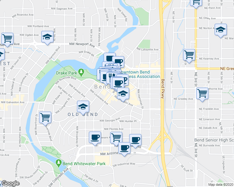 map of restaurants, bars, coffee shops, grocery stores, and more near 835 Northwest Bond Street in Bend