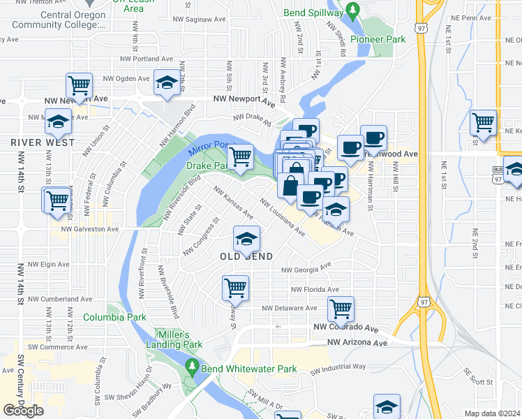 map of restaurants, bars, coffee shops, grocery stores, and more near 708 Northwest Broadway Street in Bend