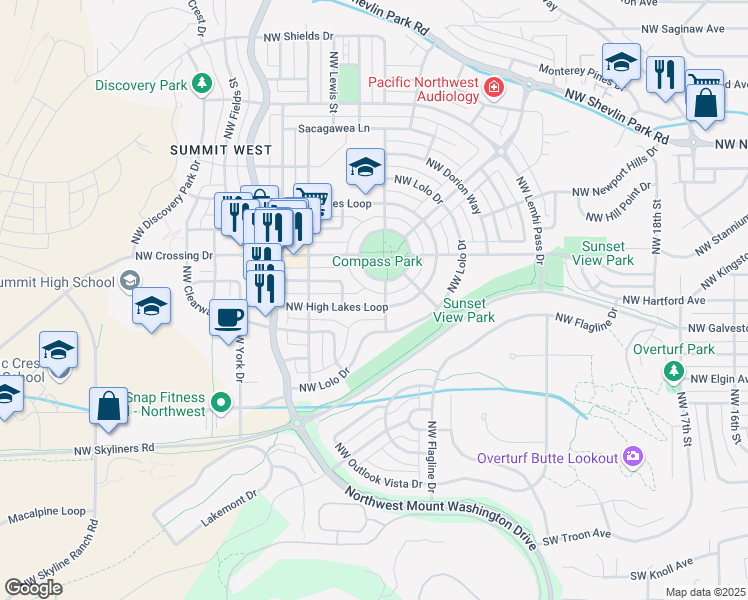 map of restaurants, bars, coffee shops, grocery stores, and more near 2605 Northwest Crossing Drive in Bend