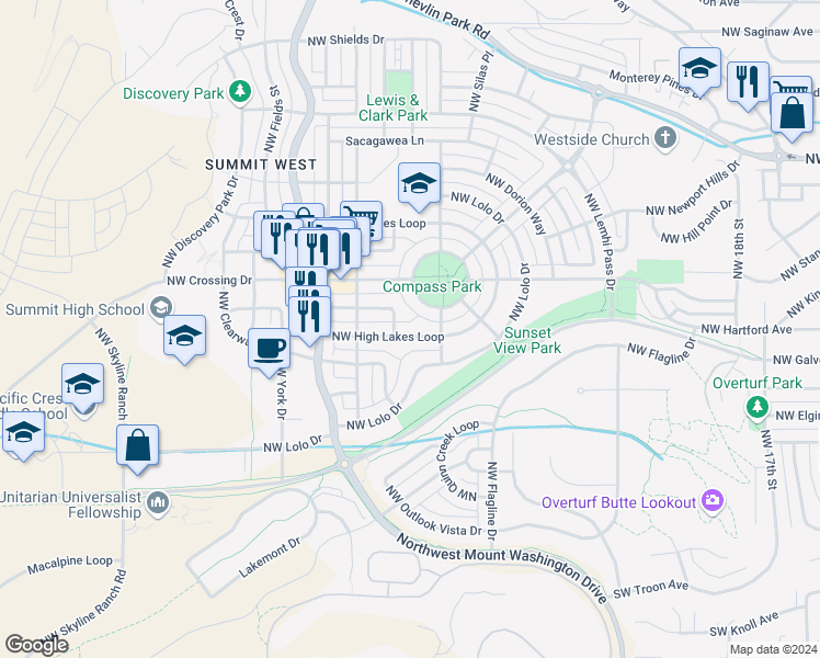 map of restaurants, bars, coffee shops, grocery stores, and more near 827 Northwest Fort Clatsop Street in Bend