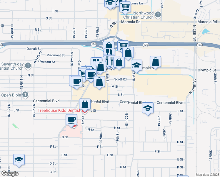 map of restaurants, bars, coffee shops, grocery stores, and more near 1488 18th Street in Springfield