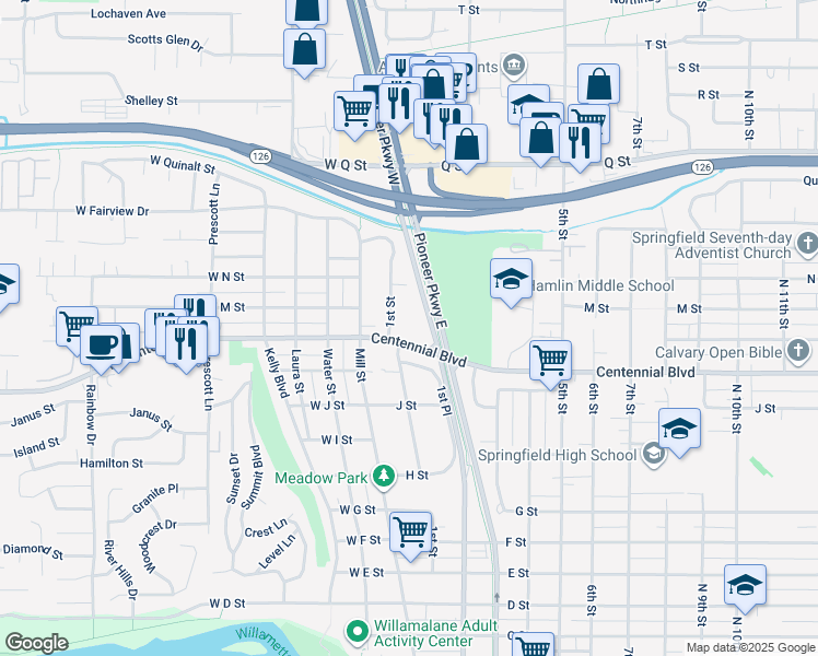 map of restaurants, bars, coffee shops, grocery stores, and more near 1363 1st Street in Springfield