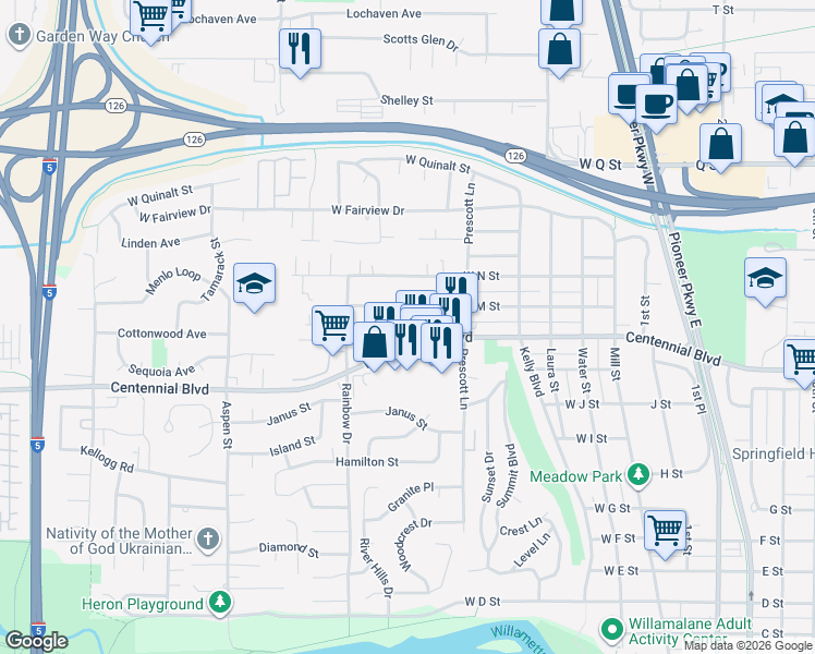 map of restaurants, bars, coffee shops, grocery stores, and more near 749 West M Street in Springfield