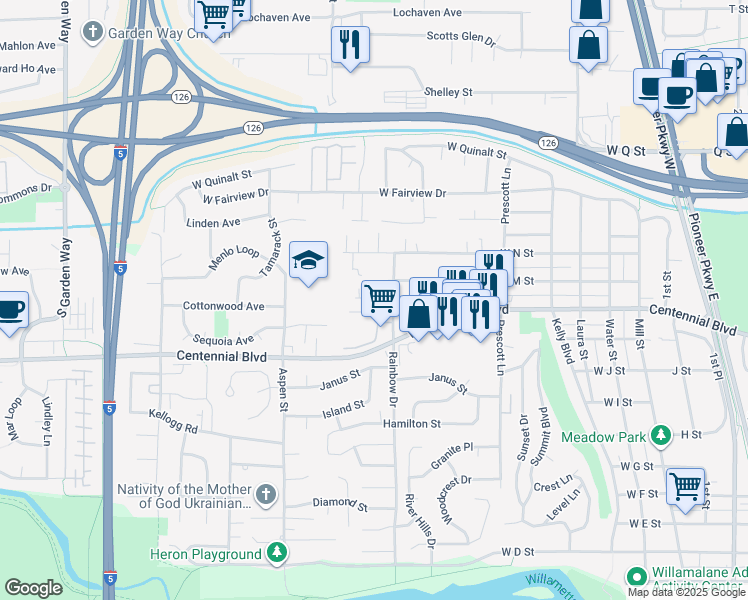 map of restaurants, bars, coffee shops, grocery stores, and more near 980 West L Street in Springfield