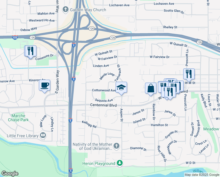 map of restaurants, bars, coffee shops, grocery stores, and more near 1336 Tamarack Street in Springfield