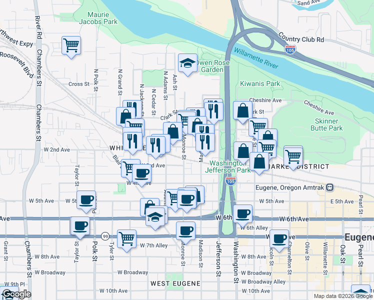 map of restaurants, bars, coffee shops, grocery stores, and more near 170 Monroe Street in Eugene