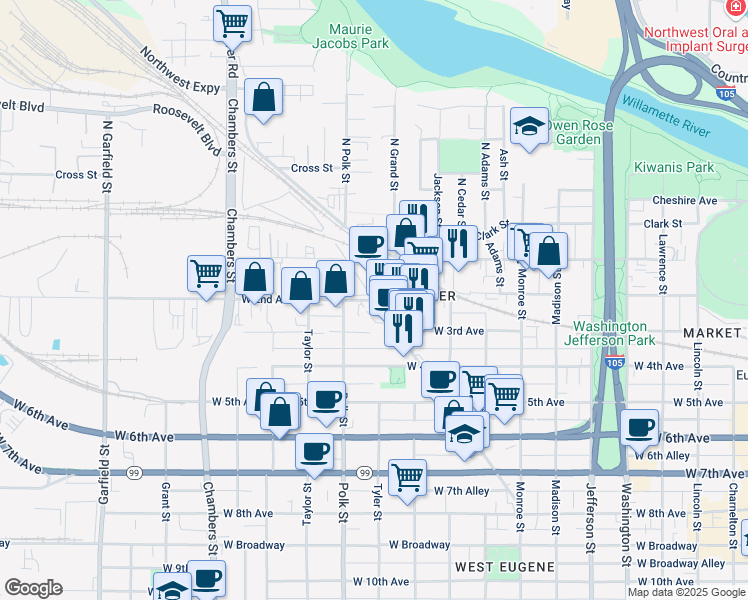 map of restaurants, bars, coffee shops, grocery stores, and more near 1153 West 2nd Avenue in Eugene