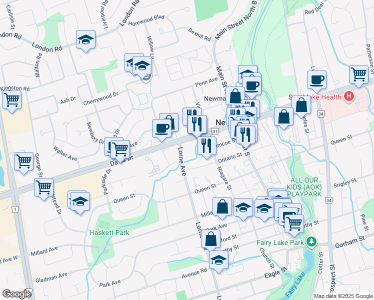 map of restaurants, bars, coffee shops, grocery stores, and more near 345 Davis Drive in Newmarket