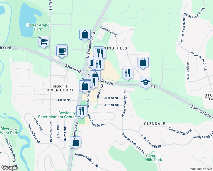 map of restaurants, bars, coffee shops, grocery stores, and more near in Rochester