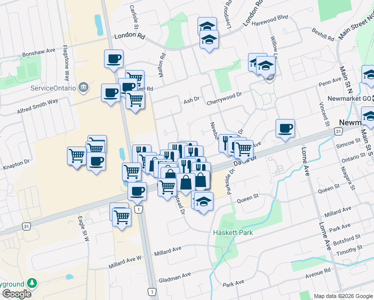 map of restaurants, bars, coffee shops, grocery stores, and more near 64 Walter Avenue in Newmarket